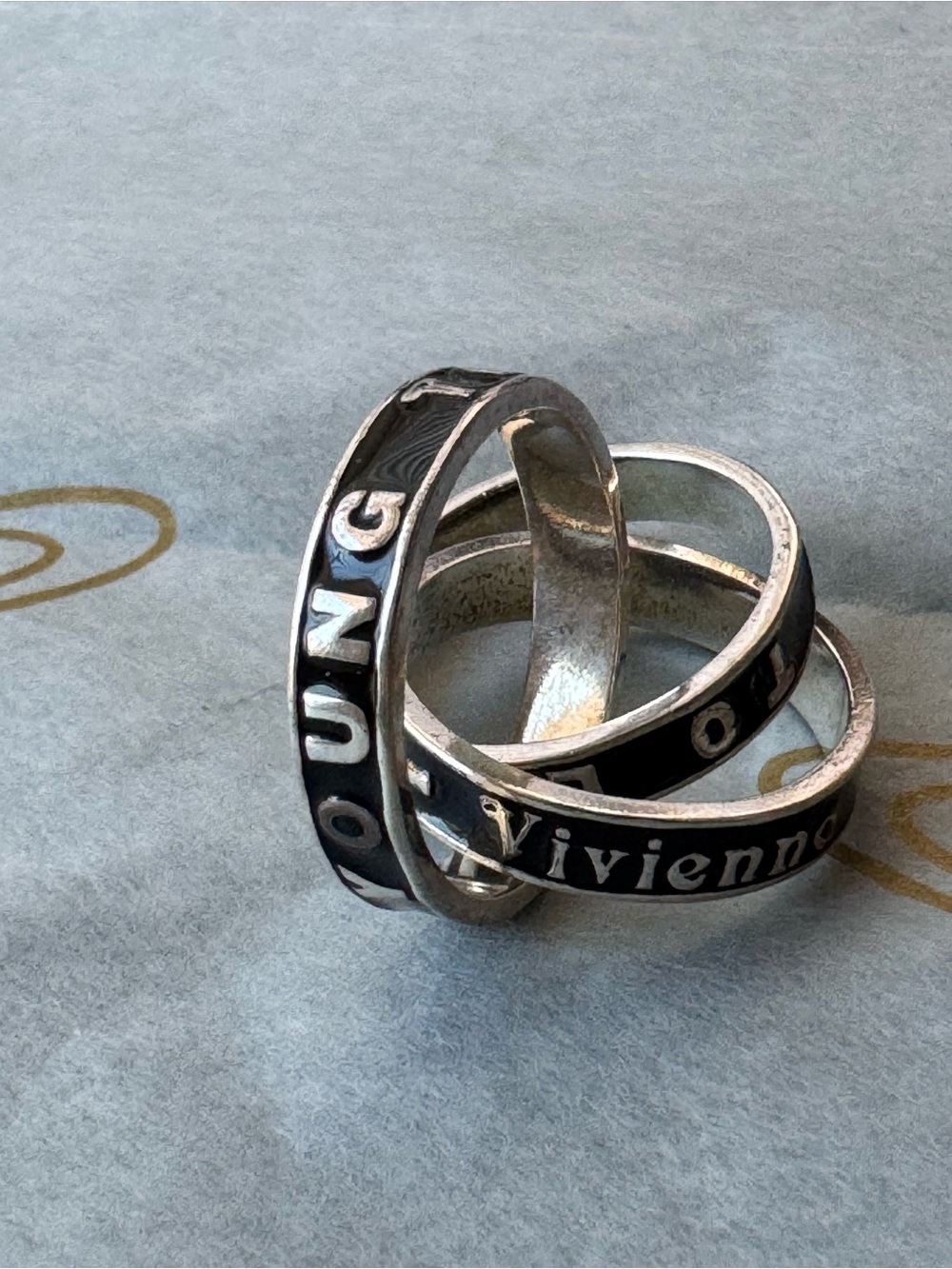 Silver-Tone Black Enamel Interlocking Rings